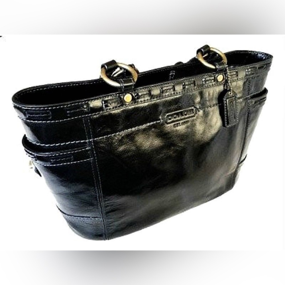 Coach Black Leather Tote Bag with Brass Accents